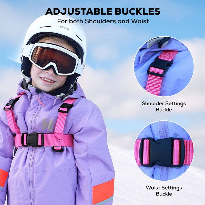 Pink ski training Harnesson a child showing the buckles up close