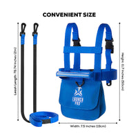 Blue ski training Harness with dimensions displayed on a white background