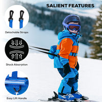 blue harness showing how it is used on a child to teach ski training